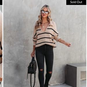JESSIE STRIPED KNIT COLLARED PULLOVER SWEATER